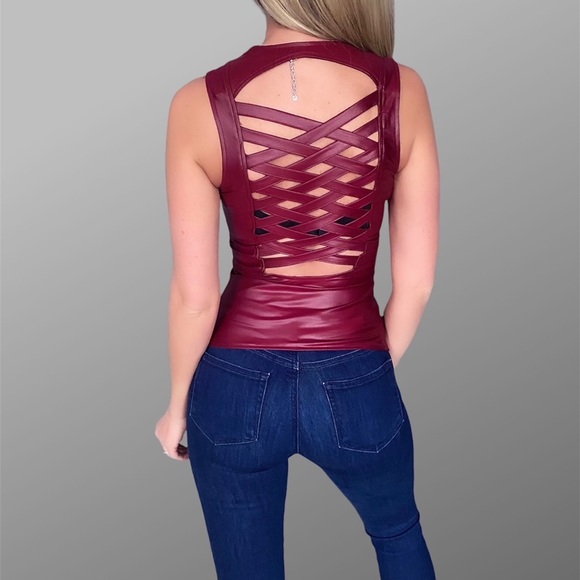 SEXY Faux Leather Zip Front Lace Up Strappy Fitted Vest Burgundy - Picture 4 of 9